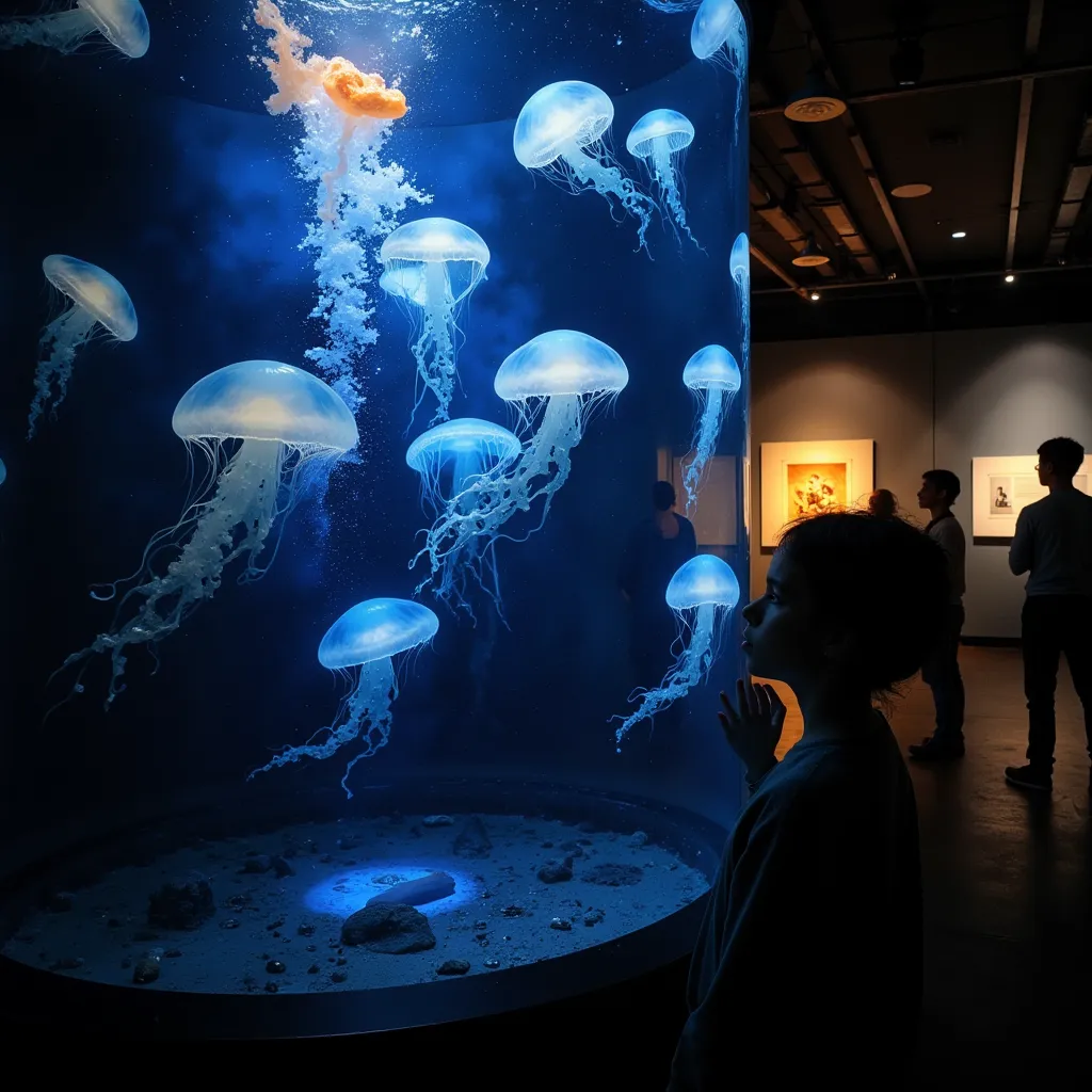 jellyfish aquarium, bioluminescent jellyfish, lantern jellyfish, dark exhibition space, swaying water tank, people observing jel...