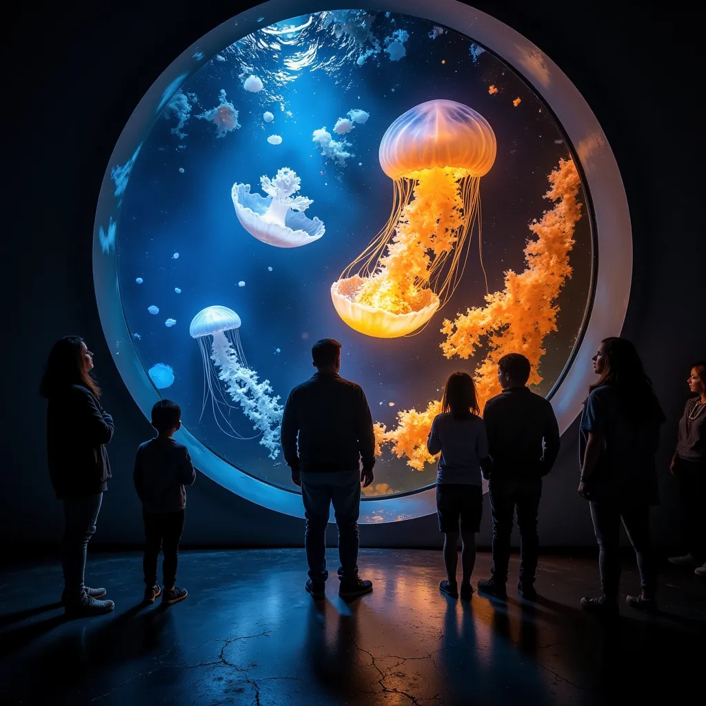 jellyfish aquarium, bioluminescent jellyfish, lantern jellyfish, dark exhibition space, swaying water tank, people observing jel...