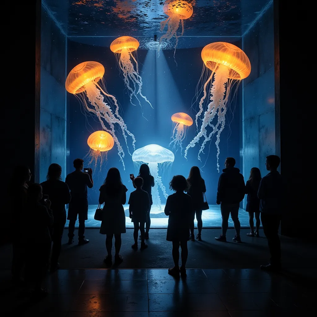 jellyfish aquarium, bioluminescent jellyfish, lantern jellyfish, dark exhibition space, swaying water tank, people observing jel...