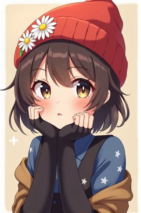  Female cute-style character  "  breasts a little big "  short dark brown hair  " Short bangs"  light brown eyes "  medium dark blue shirt with white stars"  half-open black vest  "   black warmers " Black colored lenses "  white flowers with yellow in the...