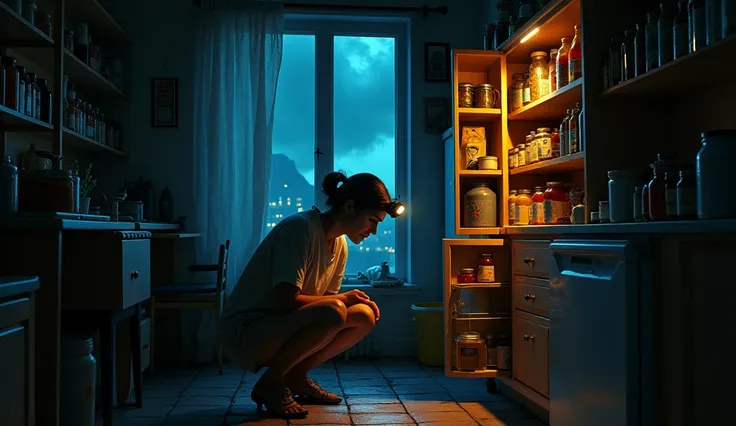 A woman is squatting in the dark kitchen of her home, using a headlamp, looking at her cupboards with food, preserves and various canned goods. Through the kitchen window, a night scene of chaos and storm can be seen. A realistic image.