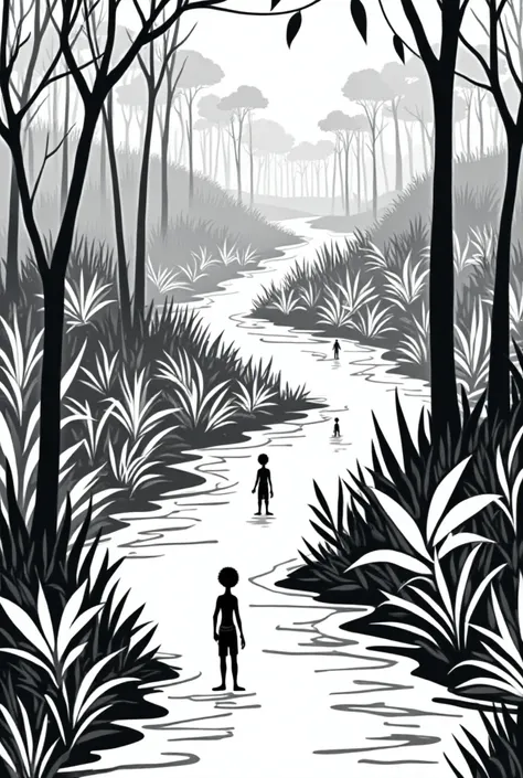 An indigenous jungle community surrounded by rivers and simply drawn in black and white