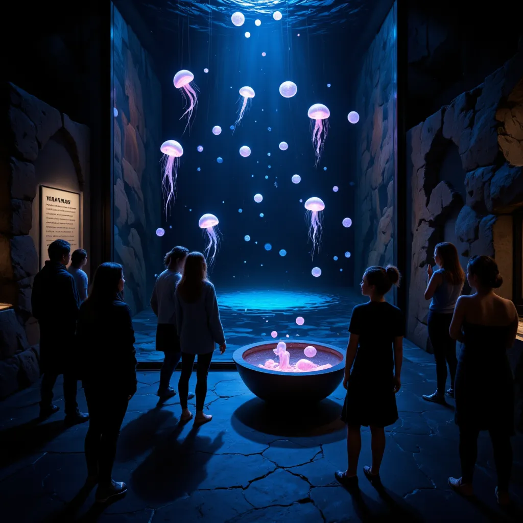 aquarium's jellyfish exhibition space 、 lantern jellyfish and luminescent jellyfish are on display 、 a lot of lantern jellyfish ...