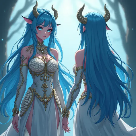 Age: Ageless

Height: 58"

Hair color aur style: Flowing Blue, Long

Eye color: Calming Aqua

Clothes aur accessories:

Seashell-covered armor

Personality traits: Gentle, Soothing,

Mysterious

Anime demon , no realistic, full body, front view, back view,...