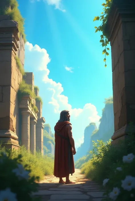 Scene of peace ,  with clear skies above the ruins .  The idea that Samson found redemption and made peace with God.3d animation, disney pixar.