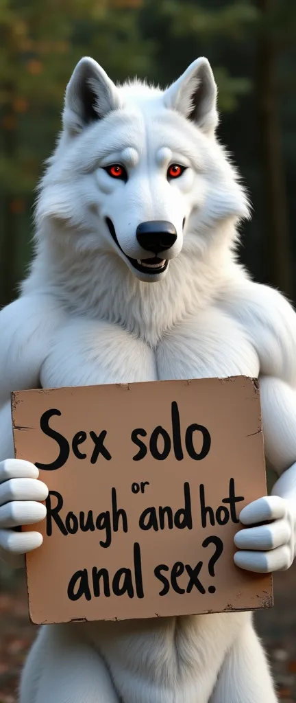 white wolf, anthro male muscular, red eyes, looking at the viewer, outdoors posing for the camera, holds a sign with text. "sex ...