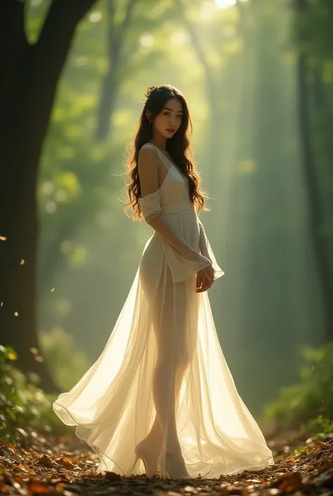 Low angle shot of beautiful so sexy Vietnamese woman in a sheer white dress posing for a photo, Ao Dai, sexy hot body in a fairytale deep forest, dreamland, trending on Pinterest, front, back and side view in a park, light colored tight dress, side view, a...