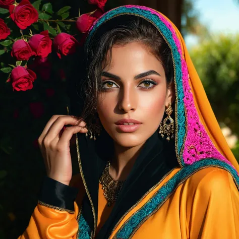 Imagine CloseUp picture of a stunning Arabic woman dressed in traditional clothing, standing amidst a vibrant garden filled with roses and jasmine. Use studio lighting to capture the intricate details of her jewelry and the full range of colors in her eyes...