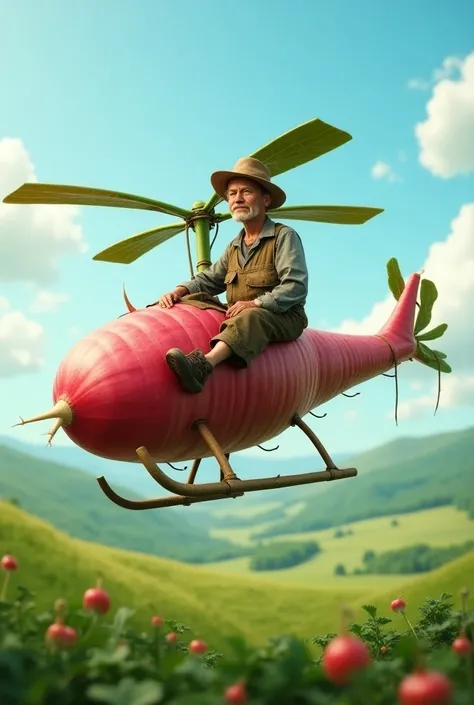 A farmer sits on top of a helicopter made of radish