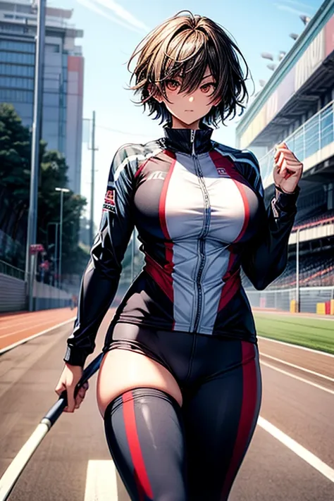 Sendai Ikuei Gakuen High School 、Track and field club、Olympic Japan National Team 、 athletics racing one-piece suit、Big Breasts、 very short hair 、 slender、 thick thighs 、 boyish 