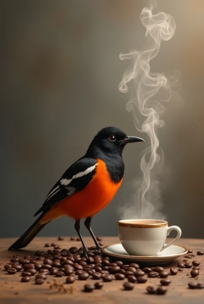 Realistic photo of magpie rock bird same color orange black medium long tail 30 cm is near warm coffee smoke and coffee beans look aesthetically pleasing with beground ash color and black there is inscription “CT ART” Super ultra HD quality 