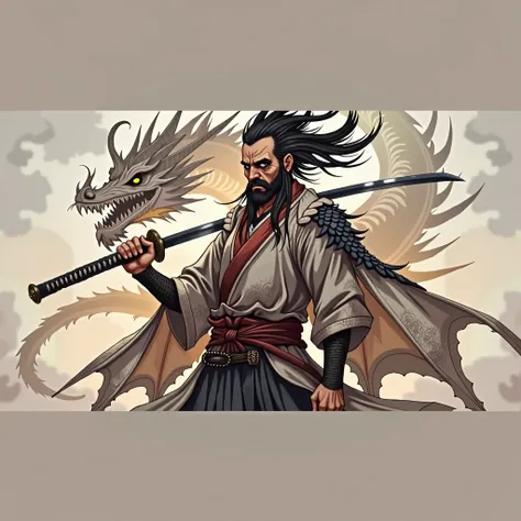  Create a drawing of a 25-year-old samurai , man, with old and worn kimono ,  the samurai has a katana and in some parts of his face he has black dragon scales and dragon eyes and in his hands he also has black dragon scales. 