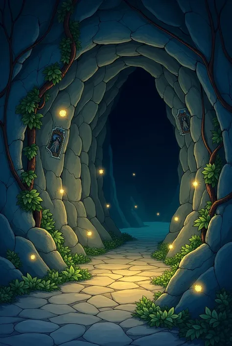 > Draw in Disney cartoon style an entrance to a dark and intriguing cave.  The entrance is surrounded by vines and stones ,  and small fireflies shine around .  The darkness inside the cave seems deep ,  but there is a soft light — a firefly illuminating t...