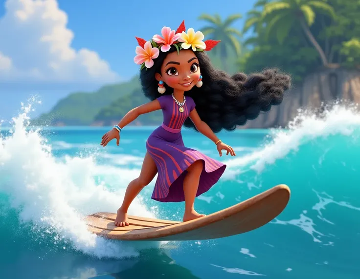 SINA (MOANAS MOM )  SURFING THE WAVES ON A SURFBOARD MADE OF WOOD AND WITH A WREATH OF FLOWERS OVER HER HEAD ( Sina wears a white headdress that also covers her skirt above .  On her head she wears a flower that is yellow at the beginning ,  then pink and ...