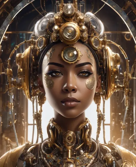 "A female steampunk robot with intricate brass and copper mechanical parts, gears visible in her joints, and steam pipes running along her body. She has a delicate, artistic makeup on her metallic face, with bold eyeshadow and detailed eyeliner, giving her...