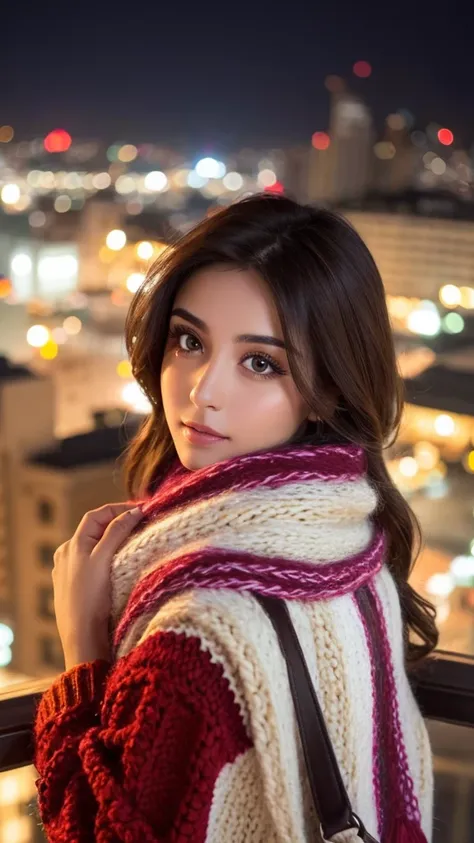 Best Quality　 face up 　 side angle　 sad expression 　Lebanese beauty　Sparkling Eyes　 Glamorous Body 　 boyish hair　 Warm and Colorful Marbled Fluffy Hand Knitted Scarf　long sleeve oversized fleece blouson　 Seductive Poses　 ball blurry light only background　N...