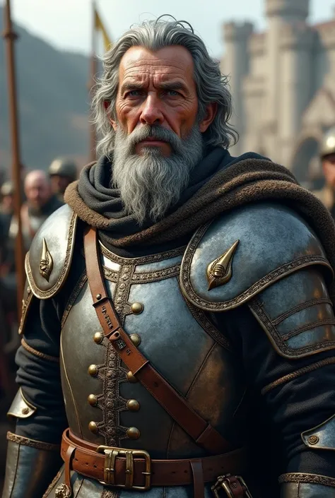 Medieval soldier with gray hair without a beard