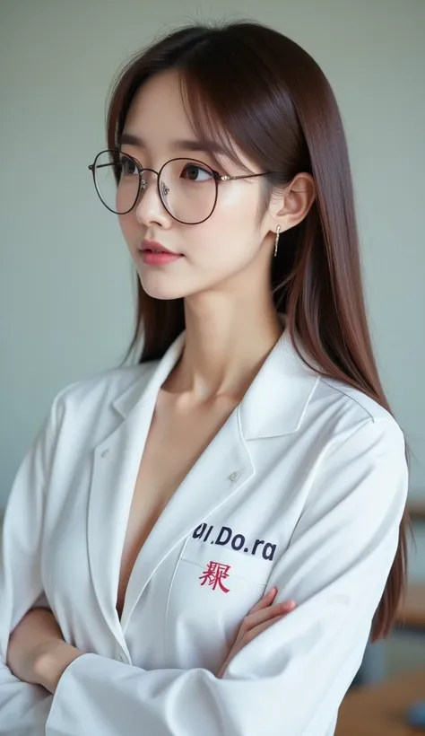 Full body shot of a beautiful Japanese woman wearing sexy white lab coat, large breasts with cleavage showing, looking away, in the classroom, wearing glasses, extremely detailed skin, glasses:1.21, small head, cute face, brown straight hair:1.21, bright e...