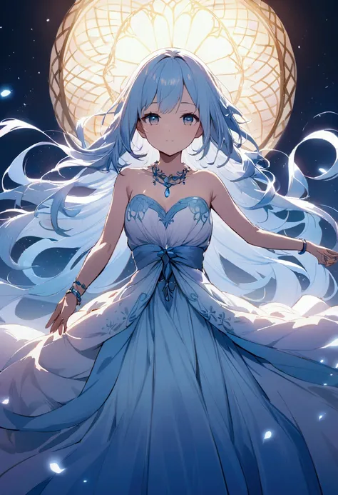 A beautiful girl with long, flowing light blue hair, styled with a black ribbon.  She is centered in the frame and is positioned as if in motion, looking directly at the viewer.  Her expression is soft and elegant. The girl wears a strapless, light blue an...