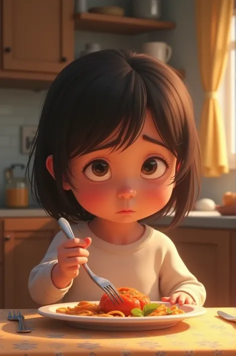  Animated image of a child in a cozy kitchen looking at the plate with fear and sadness. She holds her fork hesitantly  