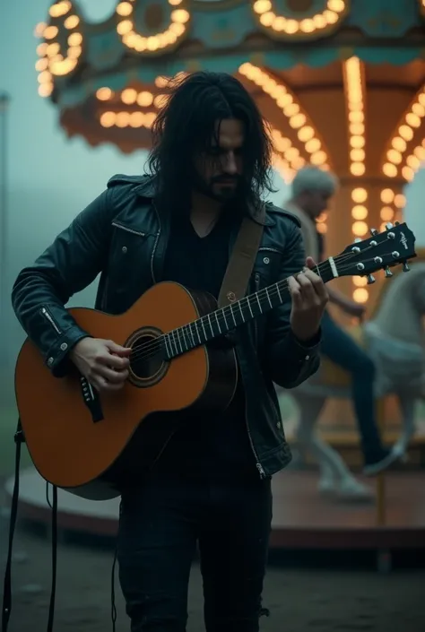 Man with long black messy hair down to the shoulder , black rock pants and a leather jacket, play acoustic guitar, High Resolution, dark background, light fog,A white-haired young man has a fantastic illuminated merry-go-round in the background。The merry-g...