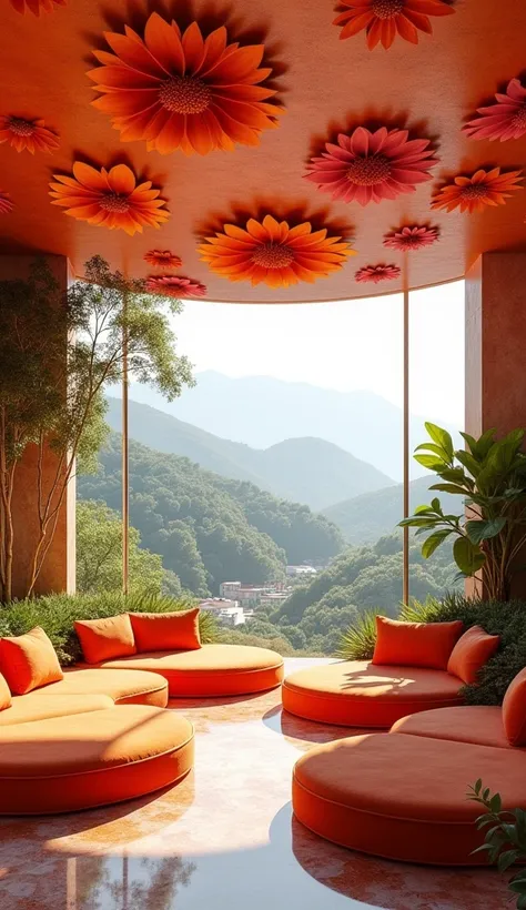 A beautifully designed and luxurious interior space. The ceiling features large floral motifs in vibrant shades of orange and pink, creating a stunning visual effect. Beneath the ceiling, are plush orange-red circular sofas with matching cushions, providin...