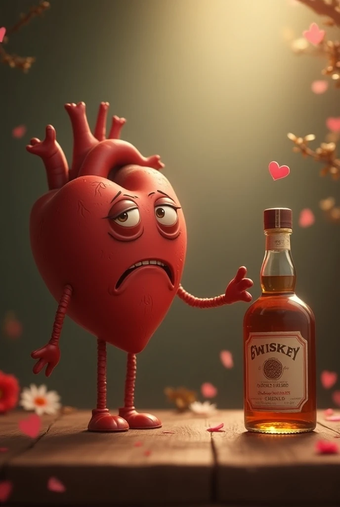  A photo of a sad Valentines Day heart that tries to grab a bottle of whiskey but doesnt reach us with its hand. The background must be sentimental and nostalgic but cheerful .  The heart looks to infinity with a look of someone who has never been understo...