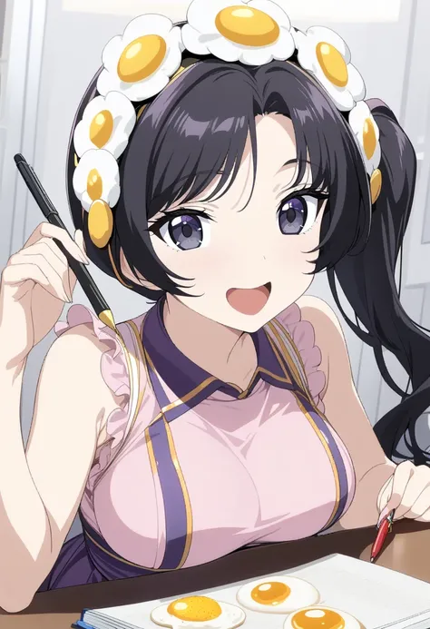 masterpiece, 1 Girl,  Medium Bust ,  alone,  Alaragi Karen , Headdress, Egg Headdress, Side Ponytail,  dark hair , food-themed Headdress, fried Egg,  watches the audience , Egg (food), Long hair, ( black eyes:1.1), Purple skirt, Sleeveless, Pink shirt, hom...