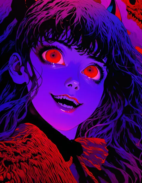 illustrate、until、 from 80s horror movie, Directed by Junji Ito、nightmare、inferno、devil、high detail, sombra realista、analog style, , 8mm films,  chromatic aberration ,  Screenshot from the DVD 、Blue-purple and red-purple gradation、surrealism