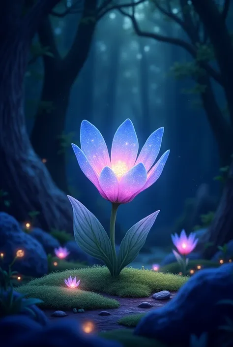 >  Draw in Disney cartoon style a hidden area in the Enchanted Valley where a magical flower shines like a piece of starry sky. The flower has luminous petals in shades of blue and purple ,  surrounded by other enchanted flowers and plants that reflect the...