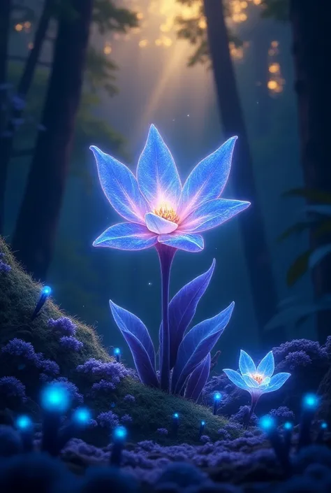 >  Draw in Disney cartoon style a hidden area in the Enchanted Valley where a magical flower shines like a piece of starry sky. The flower has luminous petals in shades of blue and purple ,  surrounded by other enchanted flowers and plants that reflect the...