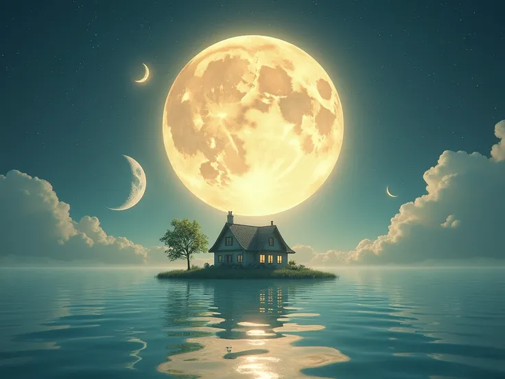 A moon on one side ,  and on the other side a sun ,  both animated and tender ,  between them on Earth a house that is surrounded and filled with water 