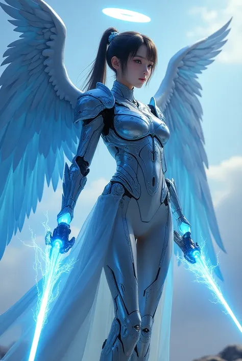 Beautiful teen japanese girl with technological blue iron armor from the future. Large Glowing Angel wings, shield of the future, Lightning sword. With a halo on the head