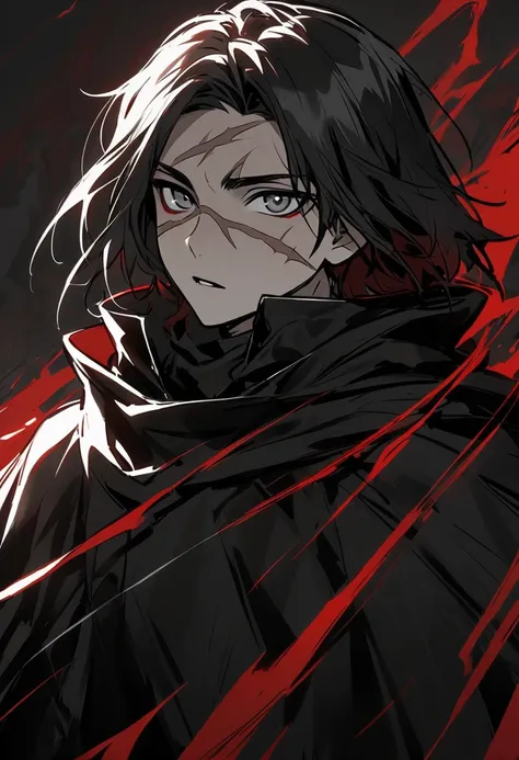 young man ,Male Dark, Red & Black colors, gray eye, rogue dnd, wear cape, hood, have scar