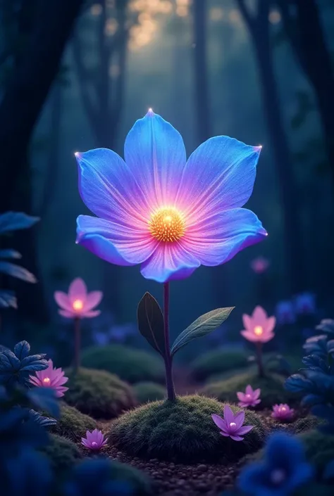 > Draw in Disney cartoon style a magical flower shines like a piece of starry sky. The flower has luminous petals in shades of blue and purple ,  surrounded by other enchanted flowers and plants that reflect the glow .  The ground surrounding the flower is...