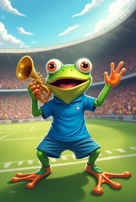 Sapo wearing blue sports shirt and blue shorts playing trumpet in a stadium