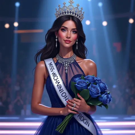 ( masterpiece ), ( Best quality : 1.1) (ultra detailed)  illustration style , (portrait: 1.1)  Modeling on the stage of the most important beauty contest in the world , Miss Universe,  wears the contest ribbon that says miss universe ,  the crown above her...