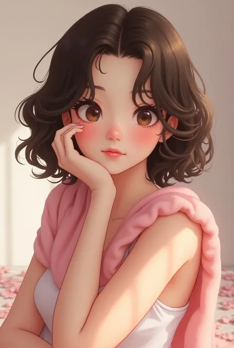  Beautiful girl with curly brown hair around her shoulders, brown eyes and white skin with a pink anime-style towel 