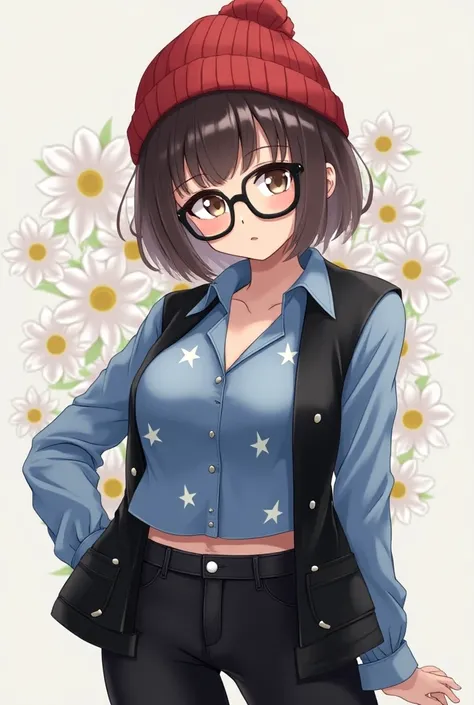 feminine style character  "  breasts a little big "  short dark brown hair  " Short bangs"  light brown eyes "  blue shirt with white stars "  half-open black vest  "  black heaters" lenses over the cap"  white flowers with yellow in the center "  Red Bean...