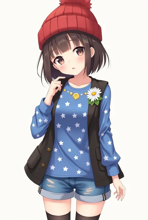 feminine style character  "  breasts a little big "  short dark brown hair  " Short bangs"  light brown eyes "  blue shirt with white stars "  half-open black vest  "  black heaters" lenses over the cap"  white flowers with yellow in the center "  Red Bean...