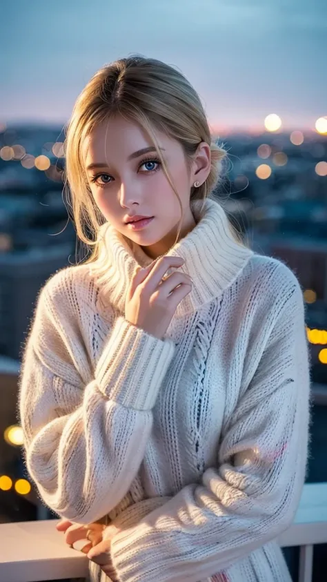 Best Quality　 face up 　 sad expression 　Scandinavian beauty　Sparkling Eyes　 Glamorous Body 　 colorful marble pattern fluffy hand knitted long sleeve sweater　Oversized blouson from above 　 Seductive Poses　 ball blurry light only background　Night view from a...