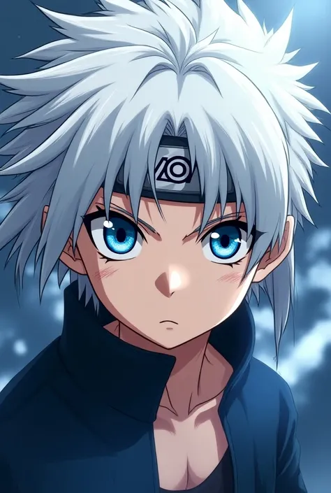 Make an anime character with white hair in the style of Naruto Shippuuden with blue eyes with white stripes and a very dilated black pupil