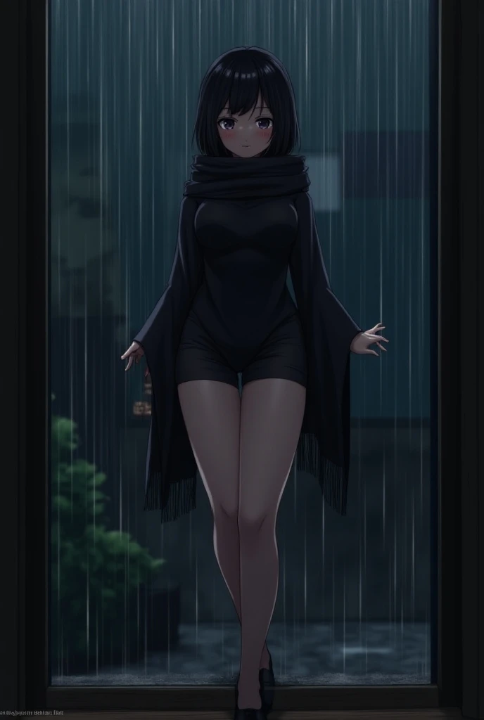 dark night background, 1 girl, girl standing upright while leaning a little against the glass while its dark while she has her breasts stuck together a little and her hands on the glass, short shirt that only reaches the breasts made of dark colored low kn...