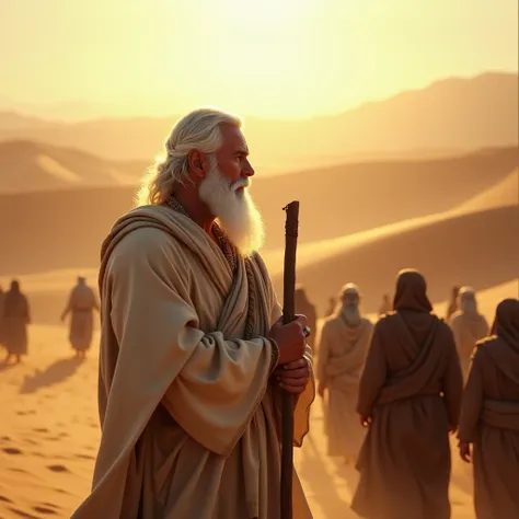 Moses Bible Story with White Beard and White Hair, with resolute expression,  with their backs in front of the people of Israel in the desert, staring at the horizon .  he wears a simple robe and holds a staff .  the golden sunlight illuminates his face as...