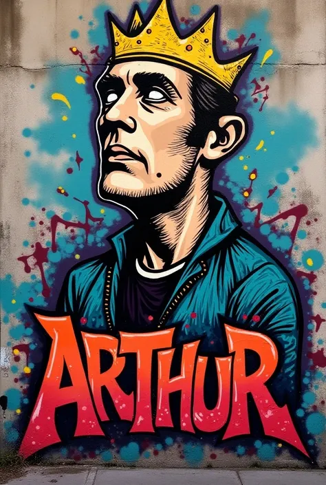 Create street art of a man with a crown on his head in the form of graffiti and with the name "Arthur" below