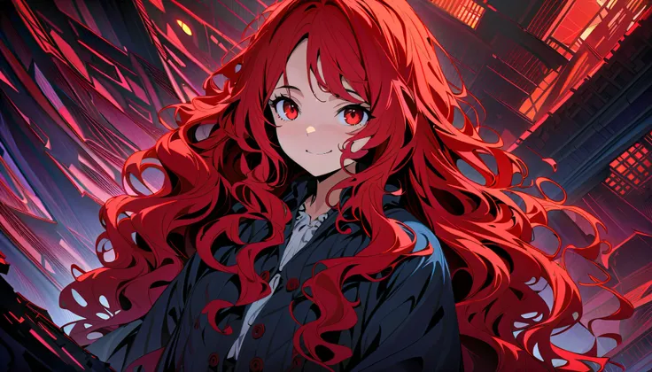 (masterpiece, Highest quality, Official Art:1.2), Looking at the audience, One Girl, alone, (red long hair, wavy hair) and (red eyes), (messy town), gang, shutters, darksome, spooky, Ultra-fine illustrations, highly detailed, Dynamic Angle, beautiful detai...