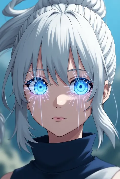 Make an anime character with white hair in a bun in the style of Naruto Shippuuden with Blue eyes with white ray patterns and an extremely dilated dilated black pupil