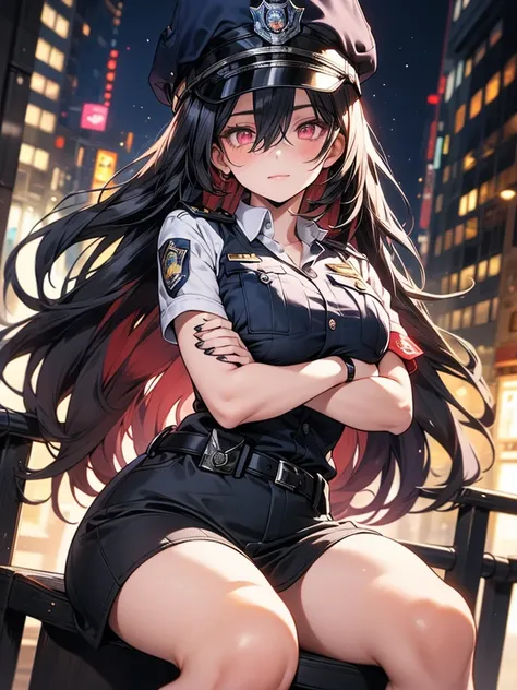 masterpiece, best quality, 16k, detailed eyes, 1 girl, 28yo, medium hair, black hair, hair is between eyes, large breasts, sagging breasts, pink eyes, oval eyes, round eyes, kind eyes, (police officer), police hat, city, crossed arms