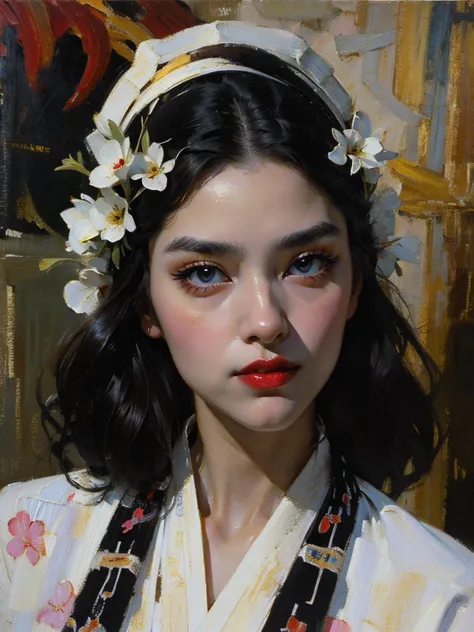 Modern Asian city，Beautiful girl，White Hanfu，long black hair, seductive red lips，closeup，Close-up strengthened，portraitures，oil painted，inks，acrylic painting，masterpiece，Renaissance style，best quality，A high resolution，super-fine，Eyes detailed，Face detaile...