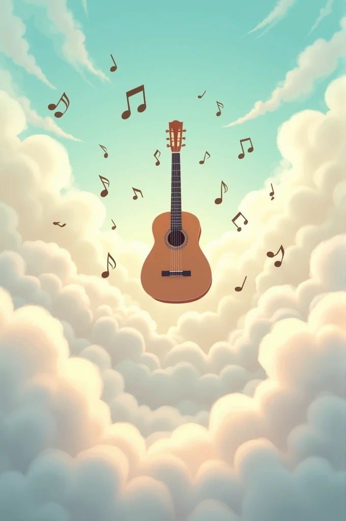 guitar on a beautiful cloud, with flowing music flying over her. Ghibli type animation style. 